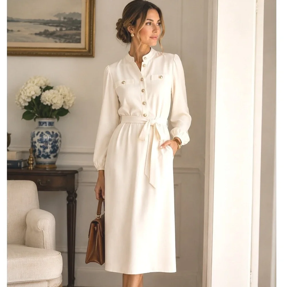 Ann Taylor Ivory Gold Button Tie Waist Midi Dress Old Money Career - Picture 1 of 11